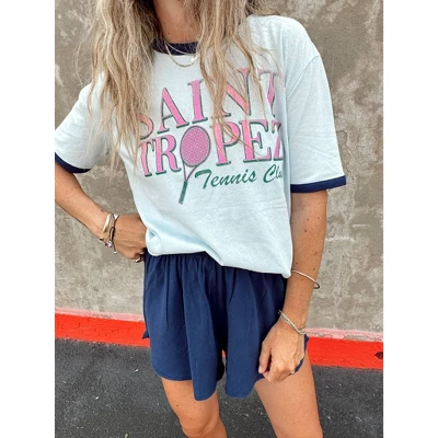 Women's Ascot + Hart Saint Tropez Short Sleeve Graphic Ringer T-Shirt - Blue 5 Women's Ascot + Hart Saint Tropez Short Sleeve Graphic Ringer T-Shirt - Blue - Image 3