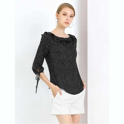 Allegra K Women's Vintage 3/4 Sleeve Boat Neck Ruffled Heart Dots Print Blouse 5 Allegra K Women's Vintage 3/4 Sleeve Boat Neck Ruffled Heart Dots Print Blouse - Image 3