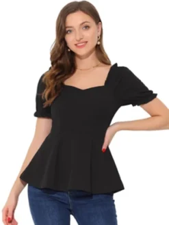 Allegra K Women's Sweetheart Neck Blouse Puff Ruffle Sleeve Elegant Peplum Top -Dresses City Shop GUEST e57a120b eeaa 4f1e ad33 c6294cdb20dc