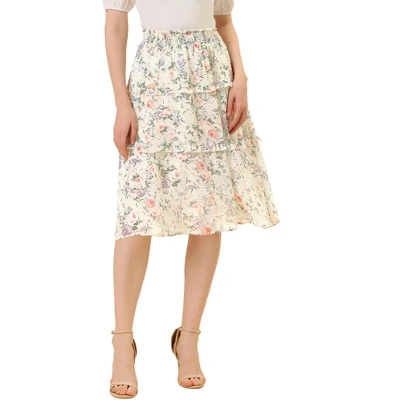 Allegra K Women's Floral Print Smocked Elastic Waist Knee Length Flowy Tiered Ruffle Skirt 16 Allegra K Women's Floral Print Smocked Elastic Waist Knee Length Flowy Tiered Ruffle Skirt - Image 14