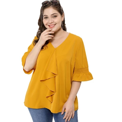 Agnes Orinda Women' S Plus Size V Neck Ruffle Smocked Sleeve Blouses 4 Agnes Orinda Women' S Plus Size V Neck Ruffle Smocked Sleeve Blouses - Image 2