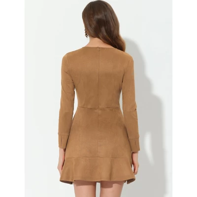 Allegra K Women's Faux Suede Crew Neck Long Sleeve Ruffled Hem Mini Dress 5 Allegra K Women's Faux Suede Crew Neck Long Sleeve Ruffled Hem Mini Dress - Image 3