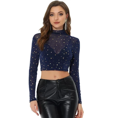 Allegra K Women's Mesh Crop Stars Mock Neck Party See Through Blouse 8 Allegra K Women's Mesh Crop Stars Mock Neck Party See Through Blouse - Image 6