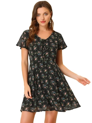 Allegra K Women's Floral Printed Spring Summer Flare Short Sleeve Lace-up V Neck Chiffon Dress 11 Allegra K Women's Floral Printed Spring Summer Flare Short Sleeve Lace-up V Neck Chiffon Dress - Image 9
