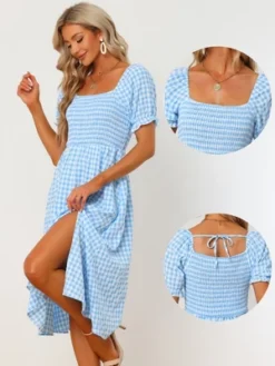 Allegra K Women's Casual Smocked Front Tie Back Checks Gingham Midi Dresses
