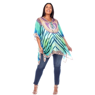 Plus Size Short Caftan With Tie-up Neckline - One Size Fits Most Plus - White Mark 4 Plus Size Short Caftan With Tie-up Neckline - One Size Fits Most Plus - White Mark - Image 2