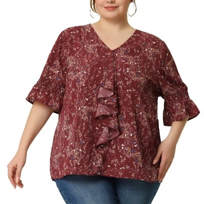 Agnes Orinda Women' S Plus Size V Neck Ruffle Smocked Sleeve Blouses 15 Agnes Orinda Women' S Plus Size V Neck Ruffle Smocked Sleeve Blouses - Image 13