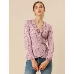 Allegra K Women's Floral Print V Neck Tie Waist Blouse Ruffle Neck Chiffon Wrap Top