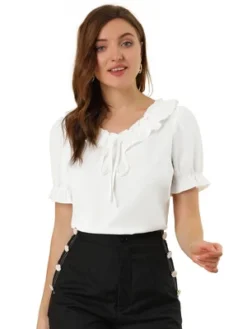 Allegra K Women's Tie V Neck Ruffle Neck Top Puff Sleeve Ruffle Cuff Casual Blouse 20 Allegra K Women's Tie V Neck Ruffle Neck Top Puff Sleeve Ruffle Cuff Casual Blouse -Dresses City Shop GUEST ec2eacc5 80bf 47f4 9a92 e8d02778315f