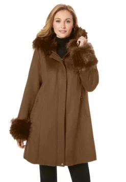 Jessica London Women’s Plus Size Hooded Faux Fur Trim Coat