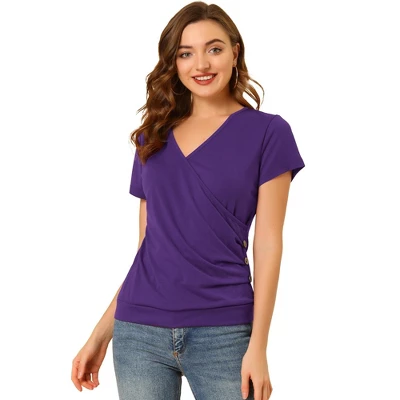 Allegra K Women's Wrap V Neck Short Sleeve Button Decor Ruched Blouses 10 Allegra K Women's Wrap V Neck Short Sleeve Button Decor Ruched Blouses - Image 8