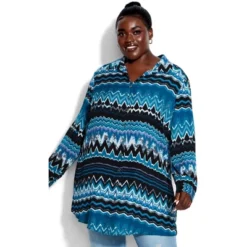 Women's Plus Size Celeste Longline Print Shirt - Teal Chevron | AVENUE -Dresses City Shop GUEST f180ed8b 728d 4035 a9b7 692e0301fe30