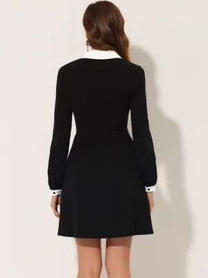 Allegra K Women's Vintage Peter Pan Collar Contrast Half Placket Long Sleeve A-Line Swing Short Dress 4 Allegra K Women's Vintage Peter Pan Collar Contrast Half Placket Long Sleeve A-Line Swing Short Dress - Image 2