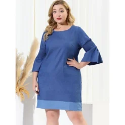 Agnes Orinda Women's Plus Size Puff Sleeve Chambray Shift Dress -Dresses City Shop GUEST f2aaad7e 7b28 4df7 a9c9 3f9788b8bfcd