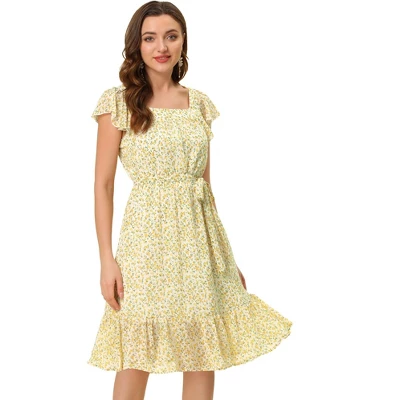 Allegra K Women's Floral Chiffon Flutter Sleeve Belted Square Neck Ruffled Hem Dress 18 Allegra K Women's Floral Chiffon Flutter Sleeve Belted Square Neck Ruffled Hem Dress - Image 16