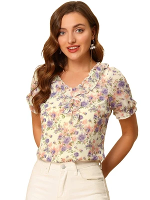 Allegra K Women's Ruffle V Neck Puff Short Sleeve Floral Blouse 8 Allegra K Women's Ruffle V Neck Puff Short Sleeve Floral Blouse - Image 6