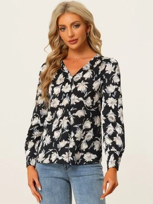 Allegra K Floral Blouse For Women's V Neck Button Up Long Sleeve Satin Blouses 5 Allegra K Floral Blouse For Women's V Neck Button Up Long Sleeve Satin Blouses - Image 3
