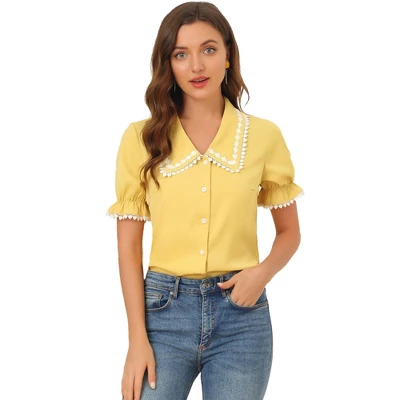 Allegra K Women's Sweet Peter Pan Contrast Collar Short Sleeves Button Up Blouse Tops 8 Allegra K Women's Sweet Peter Pan Contrast Collar Short Sleeves Button Up Blouse Tops - Image 6