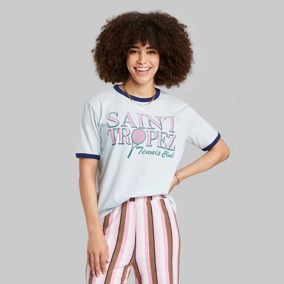 Women's Ascot + Hart Saint Tropez Short Sleeve Graphic Ringer T-Shirt - Blue 3 Women's Ascot + Hart Saint Tropez Short Sleeve Graphic Ringer T-Shirt - Blue
