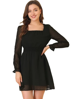 Allegra K Women's Swiss Dots Puff Square Neck Smocked Waist Chiffon Dress 8 Allegra K Women's Swiss Dots Puff Square Neck Smocked Waist Chiffon Dress - Image 6